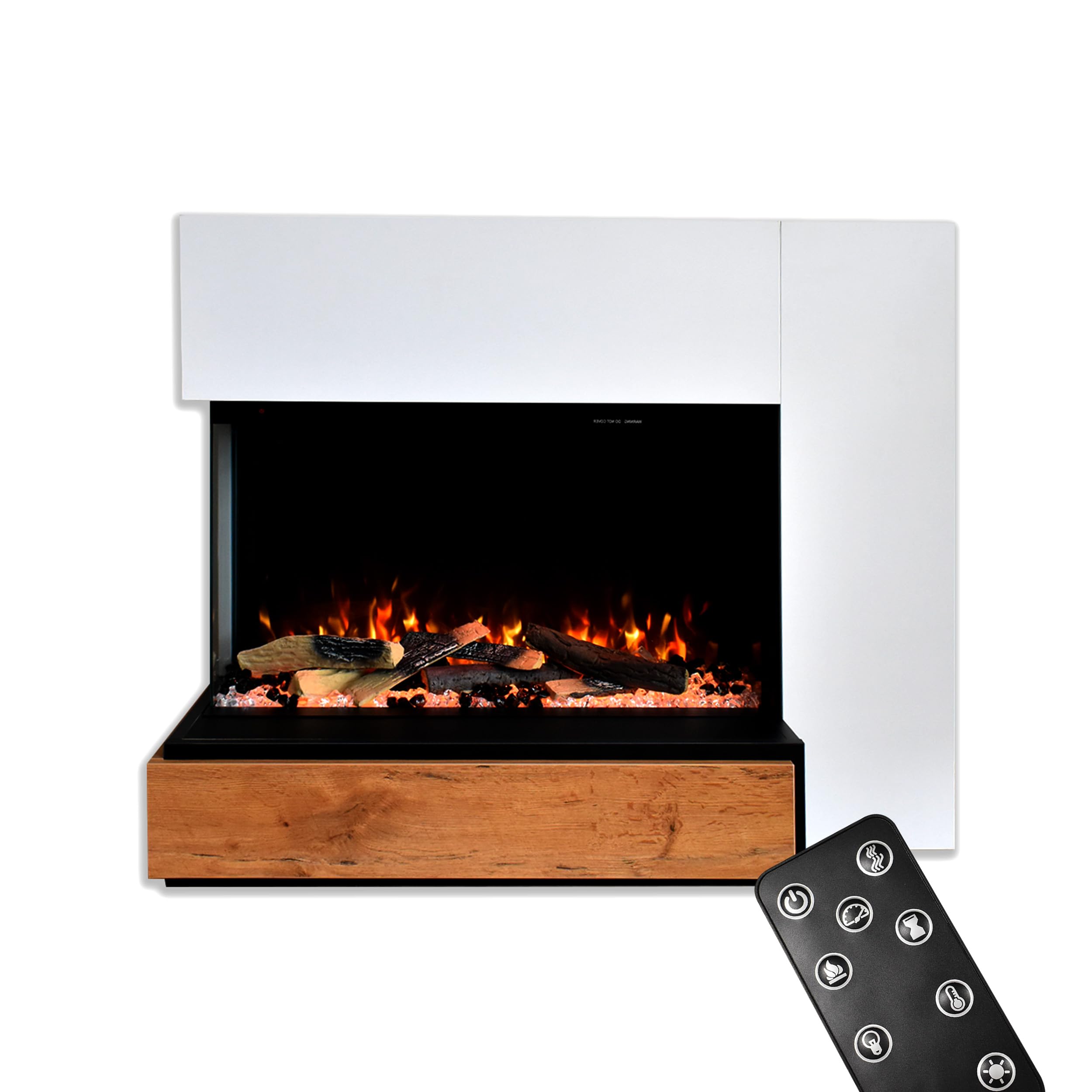 GLOW FIRE Kominek EINSTEIN otwarty z lewej z realistycznym ogniem LED 3D E-Motion - wolnostojący kominek elektryczny z ogrzewaniem, ogniem kominkowym, timerem, maks. 1500 W, 109x89x51, Biały