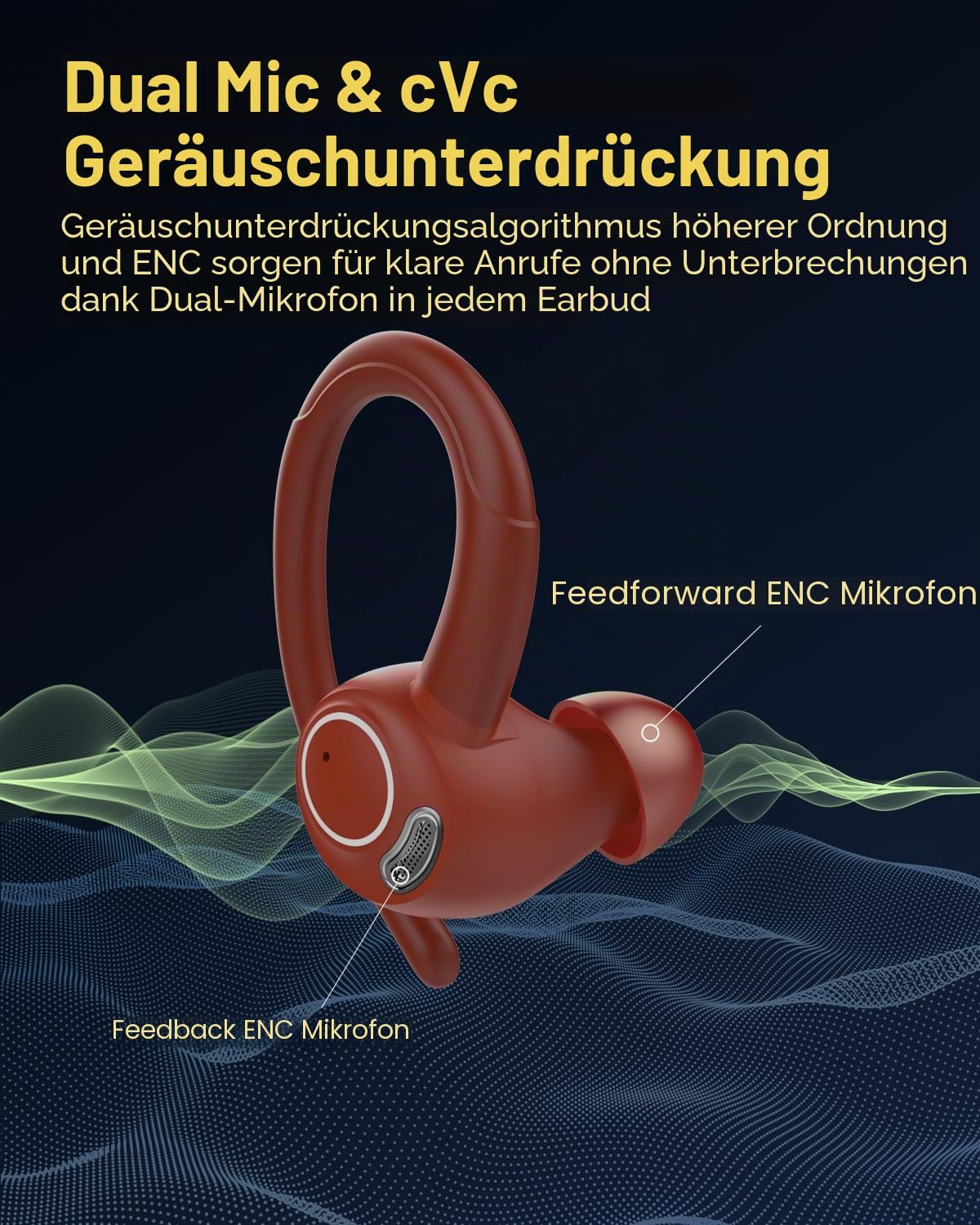Bluetooth Kopfhörer Sport, in Ear Kopfhörer Kabellos Bluetooth 5.3 mit HD Mic, Herausragender Sound, 40 Std Spielzeit, Comfort Fit, Dual LED-Anzeige, IP7 Wasserdicht Ohrhörer mit Ohrhaken, Red