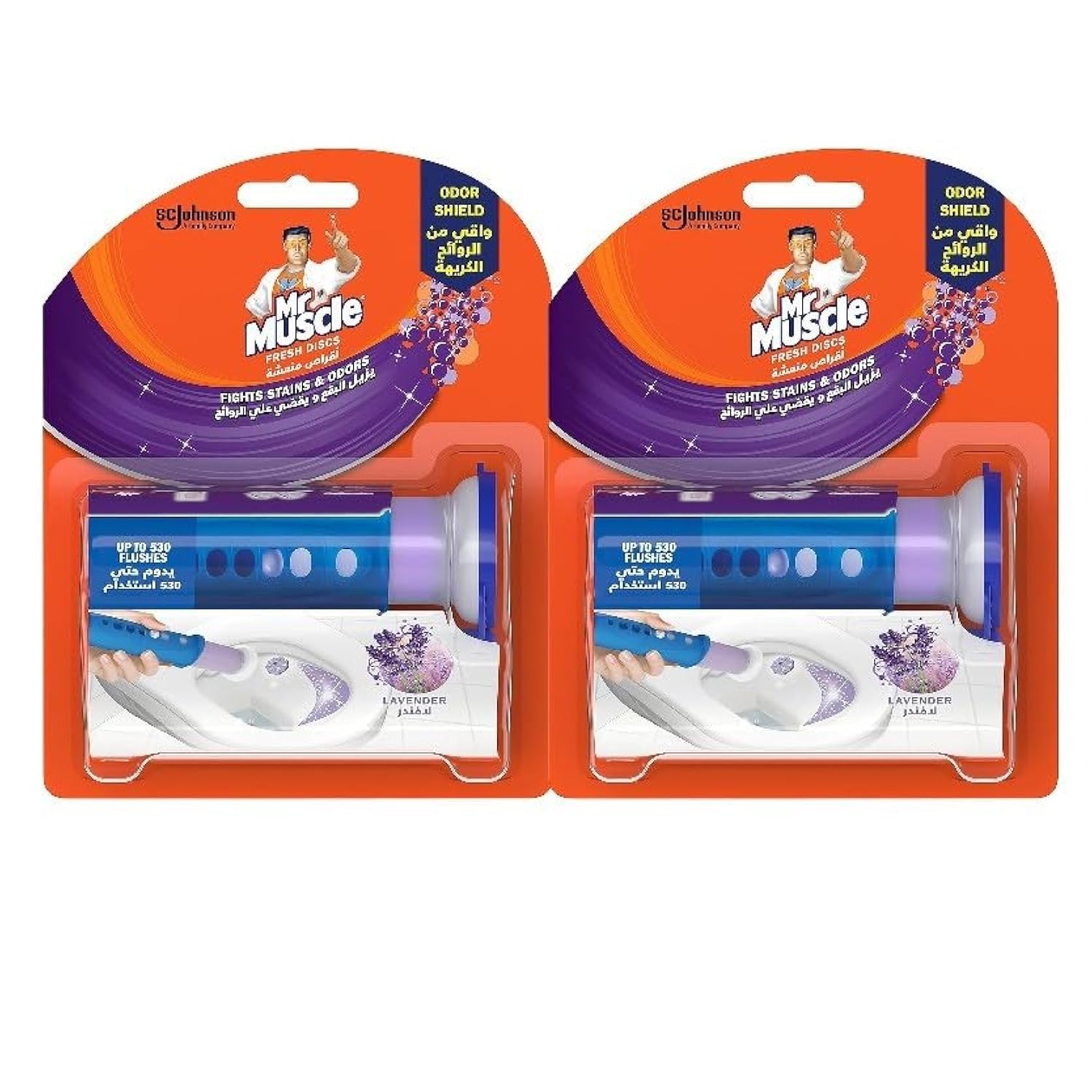Mr Muscle Toilet Cleaning Gel Discs, Lavender Fresh, Prevents Stains & Limescale, Lasts up to 530 Flushes, 38g, Pack of 2