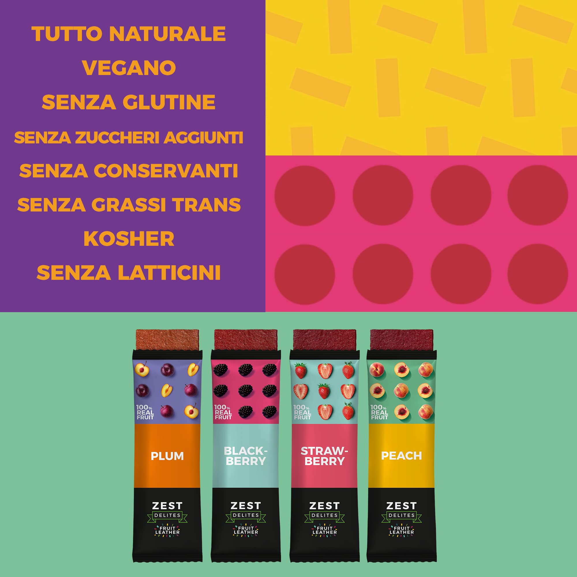 Zest Delites Snack Dolci in Pelle di Frutta, Merendine Senza Glutine, 36 Pack, Fragola, Mora, Albicocca e Prugna, Barrette Energetiche Ciclismo, Frutta Secca Mix, Snack Monoporzione, 36x25g