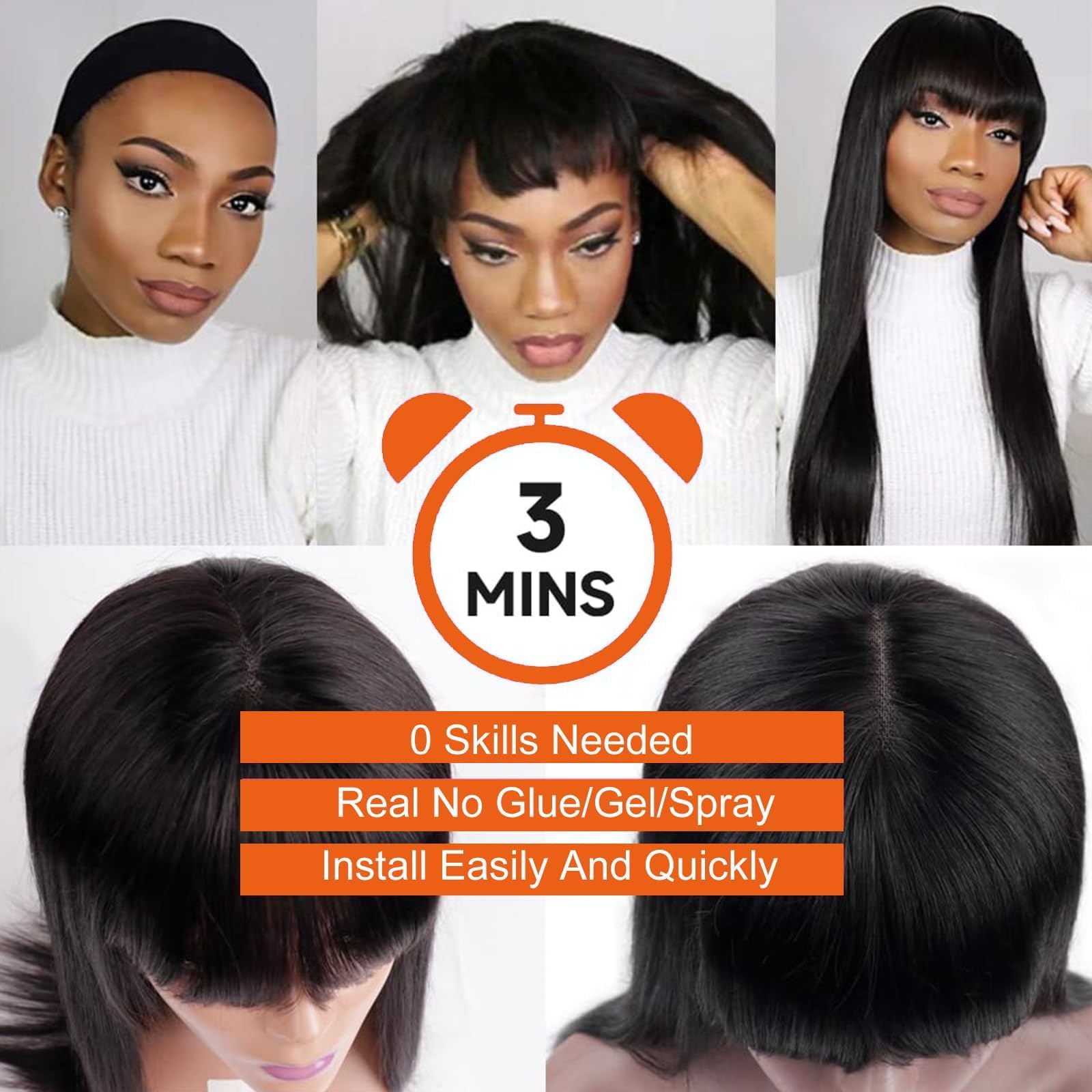Parrucca Donna Capelli Veri Umani Straight Human Hair Wigs With Bangs, 2x4 Glueless Lace Front Wig Human Hair Nera Parrucca Donna Diritta Con Frangia 16 Pollici