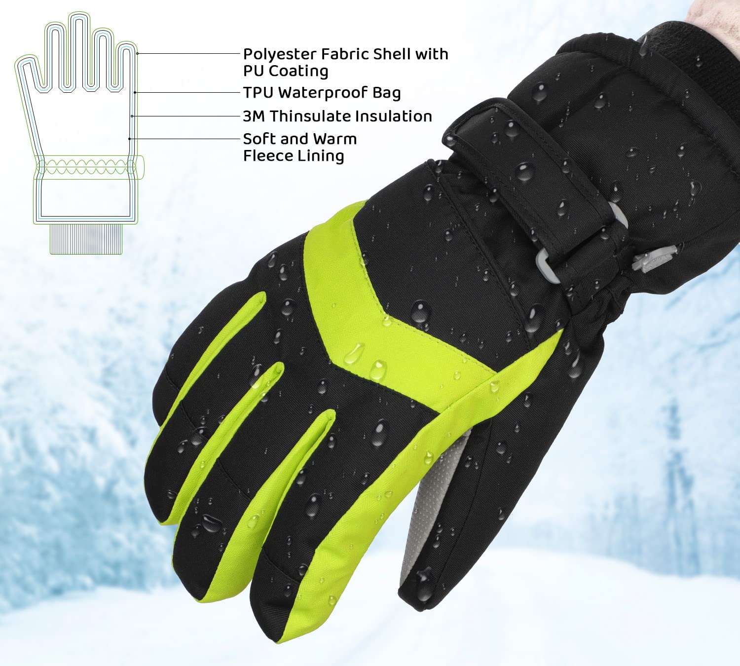 Homord Guantes Nieve Niño Mitones Unisex Guantes Esqui Niño Guantes de Invierno Guantes Ski Mujer Tobogán Snowboard Skate Ciclismo Running 3-13 años