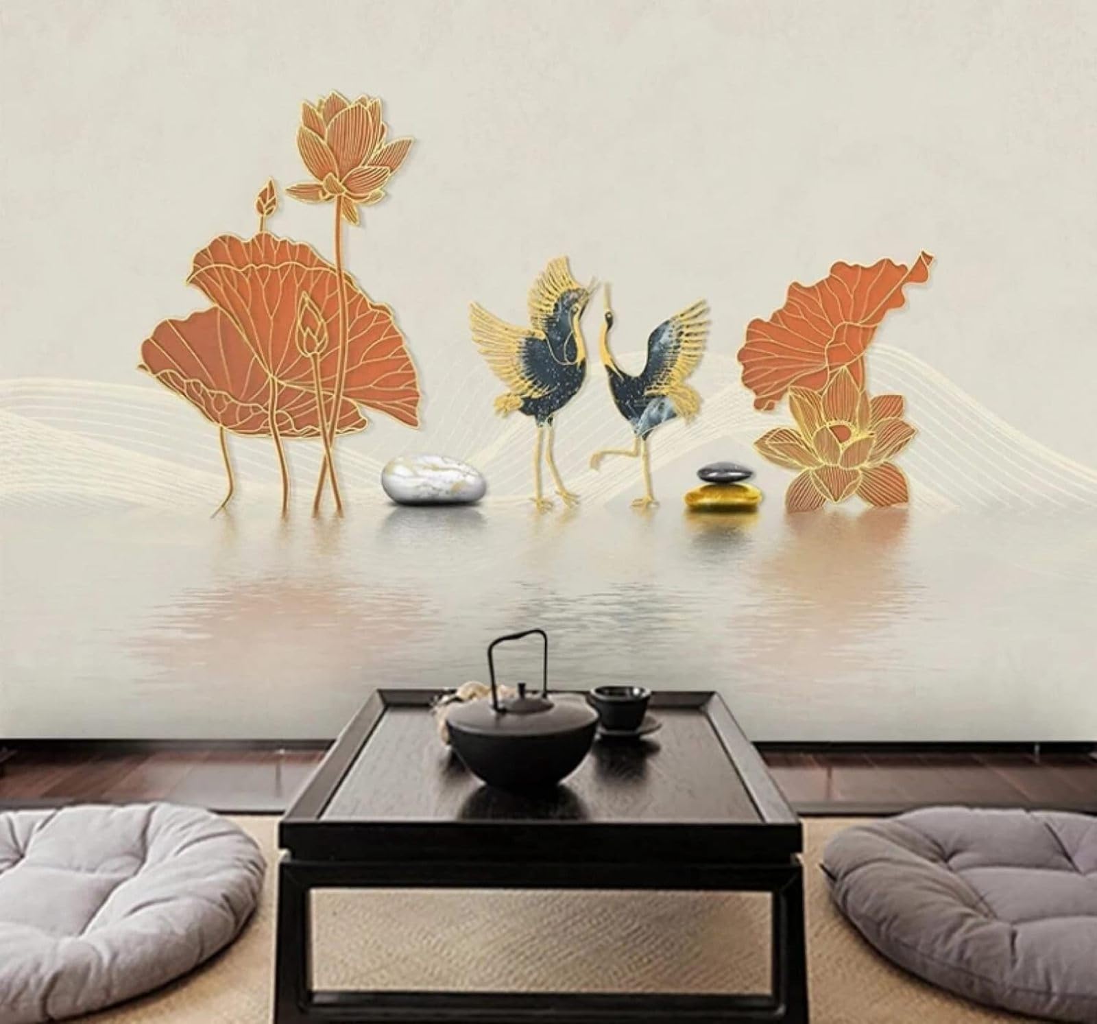 Wallpaper-3D-Xlm 350Cm×256Cm(B×H) Elegant Understated Luxury Gold Thread Lotus Swan 3D Wallpaper Easy Install Feature Office Living Room Sofa Bedroom Tv Background Wall Decoration-350Cm×256Cm
