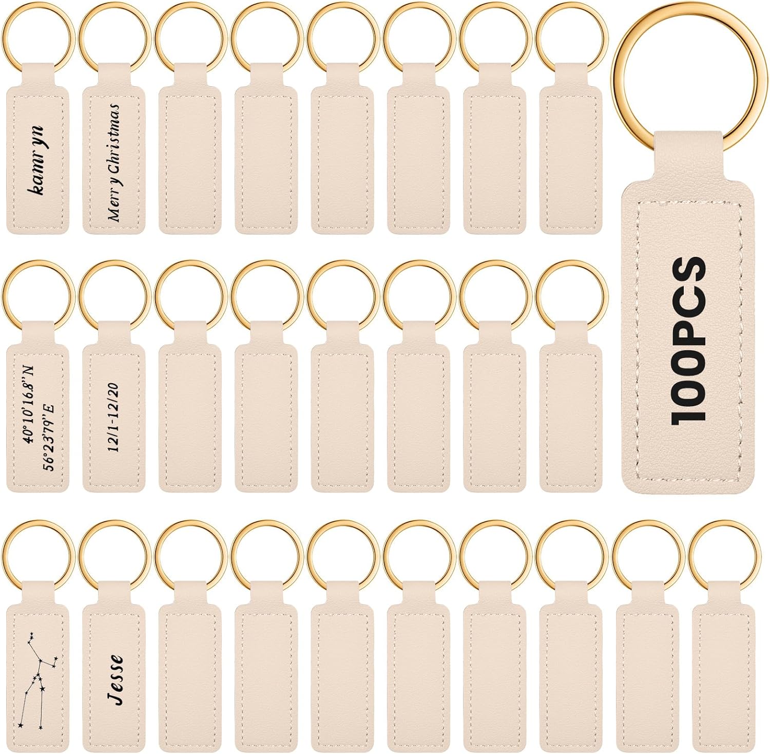 100 Pcs Leather Keychains Blank Bulk PU Leather Laser Engraving Keychains Gift for Men Women Christmas Birthday (White)