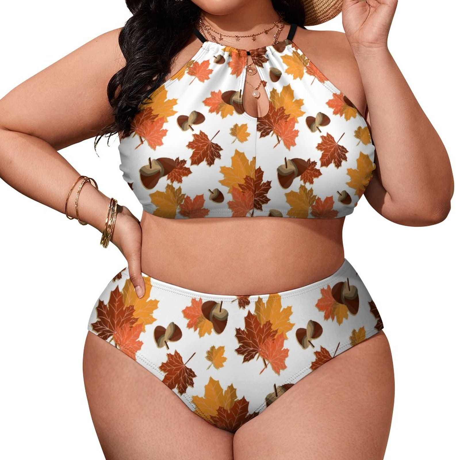 SEPTYK Fall Harvest Autumn Seasonal Leaf Nut Pattern Women Sexy Bikini 2 PC Plus Size Swimsuits High Neck Bathing Suit XL