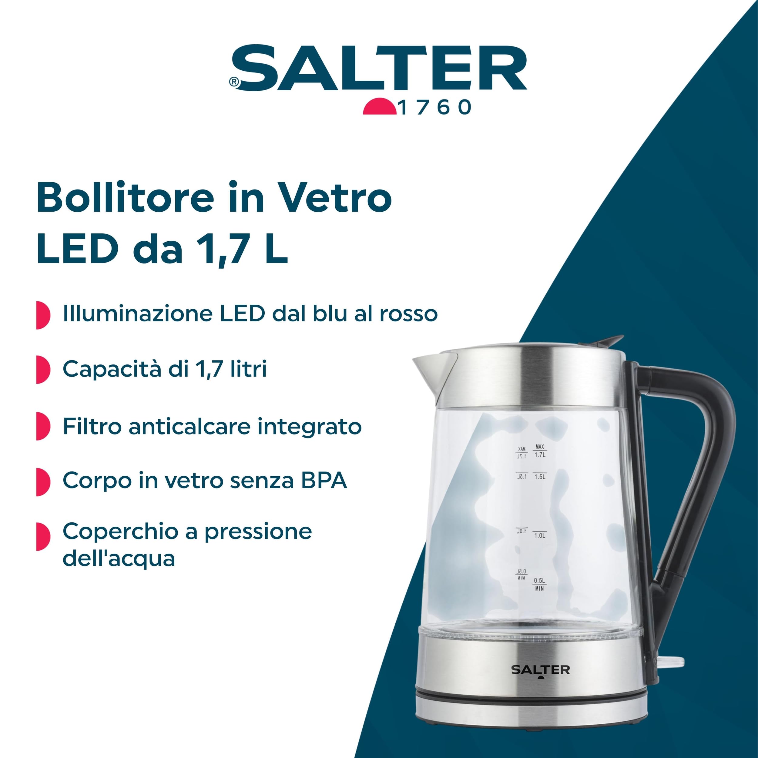 Salter Bollitore in vetro cangiante - 1,7 l, illuminazione a LED da blu a rosso, coperchio a pressione dell'acqua di facile riempimento, filtro anticalcare, senza BPA, 2200 W EK5078SSFVDE