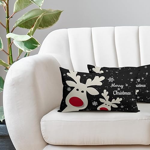 Miniatura 5 de Juego de 2 fundas de almohada lumbar de 12 x 20 pulgadas, diseño de reno de copo de nieve negro con diseño de ciervo de Navidad, para decoración del