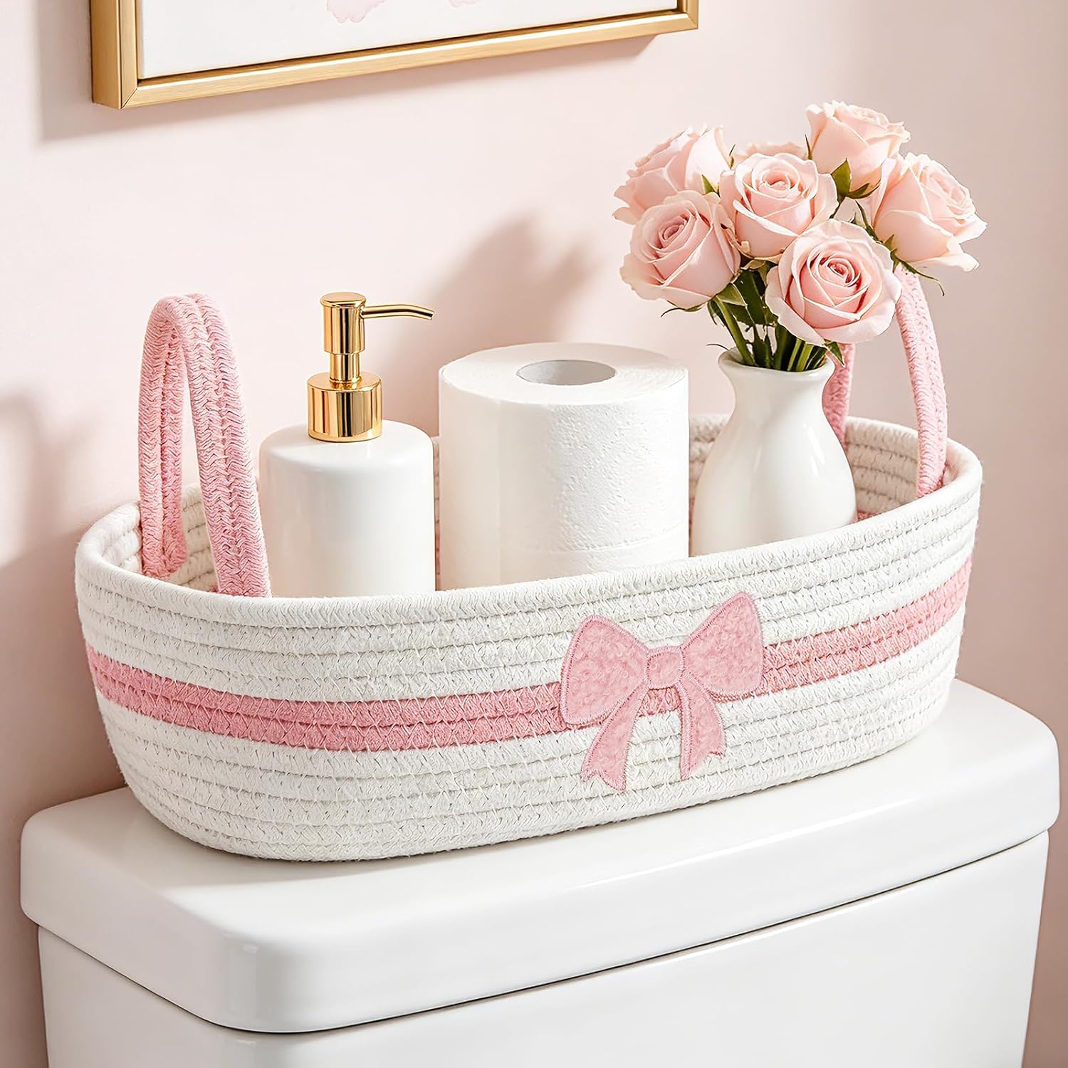 JarThenaAMCS Pink Bow Woven Storage Basket for Toilet Tank Top Boho Bathroom Cotton Rope Organizer Basket with Handle for Shelf Bedroom Living Room Nursery Toys Organizing, 13 x 6 x 4 Inch