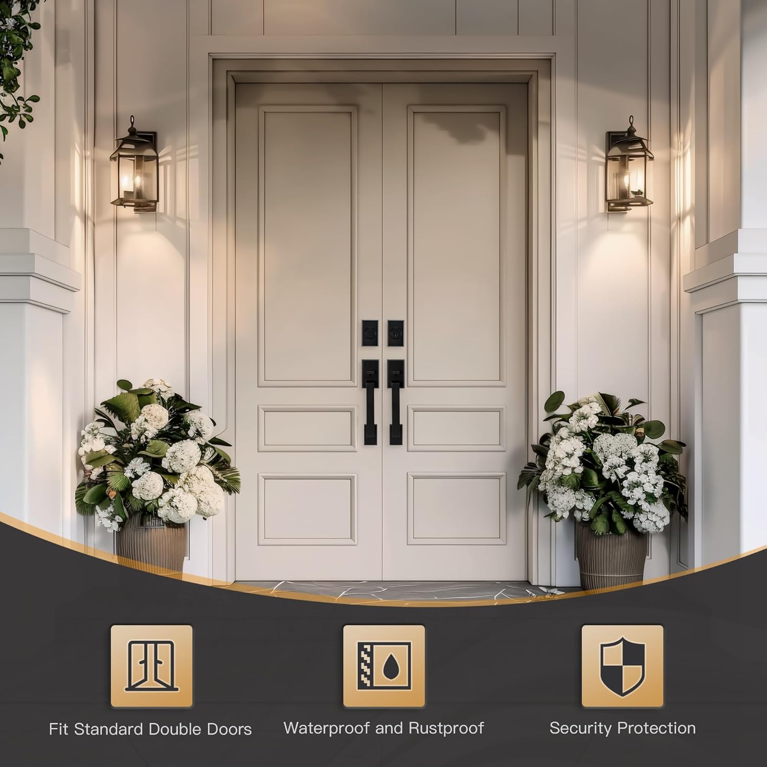 Double Front Door Lock Set, Square Heavy Duty Double Door Handle with Dummy, Entry Handleset with Deadbolt Combo, Double Door Lock Set for Front or Office Doors, Matte Black
