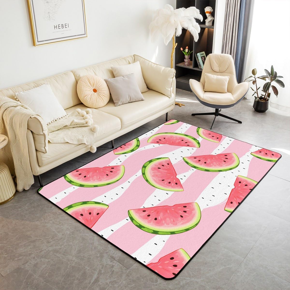 Watermelon Stripes Area Rug,Summer Fruits Theme Cute Printed Indoor Floor Mat for Kids Boys Girls Youth,Sweetheart Pink Red Carpet for Living Room Dining Room,Bedside,Playroom Decor,5x7