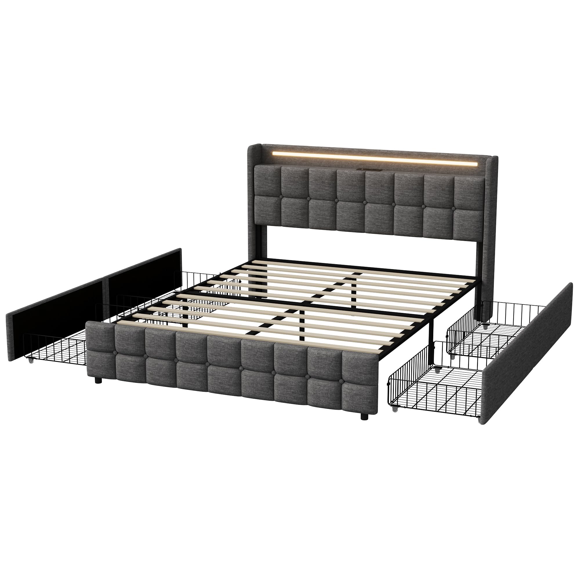 CDQL Letto imbottito 160 x 200 cm con 4 cassetti, letto matrimoniale con illuminazione a LED e porta USB, struttura del letto con rete a doghe, letto per ragazzi, letto degli ospiti, in lino, grigio