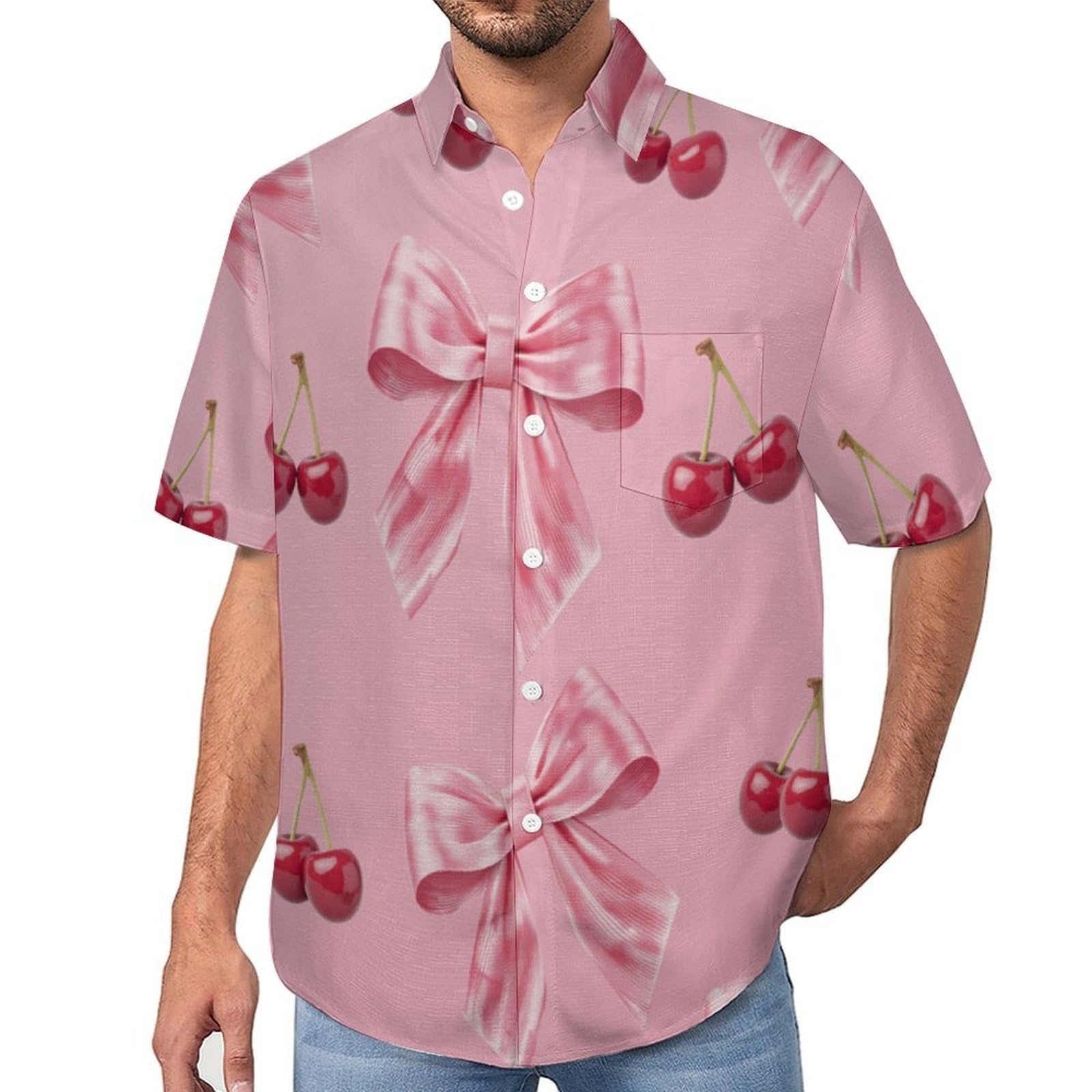 Camicie da Uomo a Maniche Corte con Stampa della Ciliegia A Fiocco Carino, Casual Leggere Bottoni Camicia con Tasca Frontale, per Vacanze Spiaggia Estate