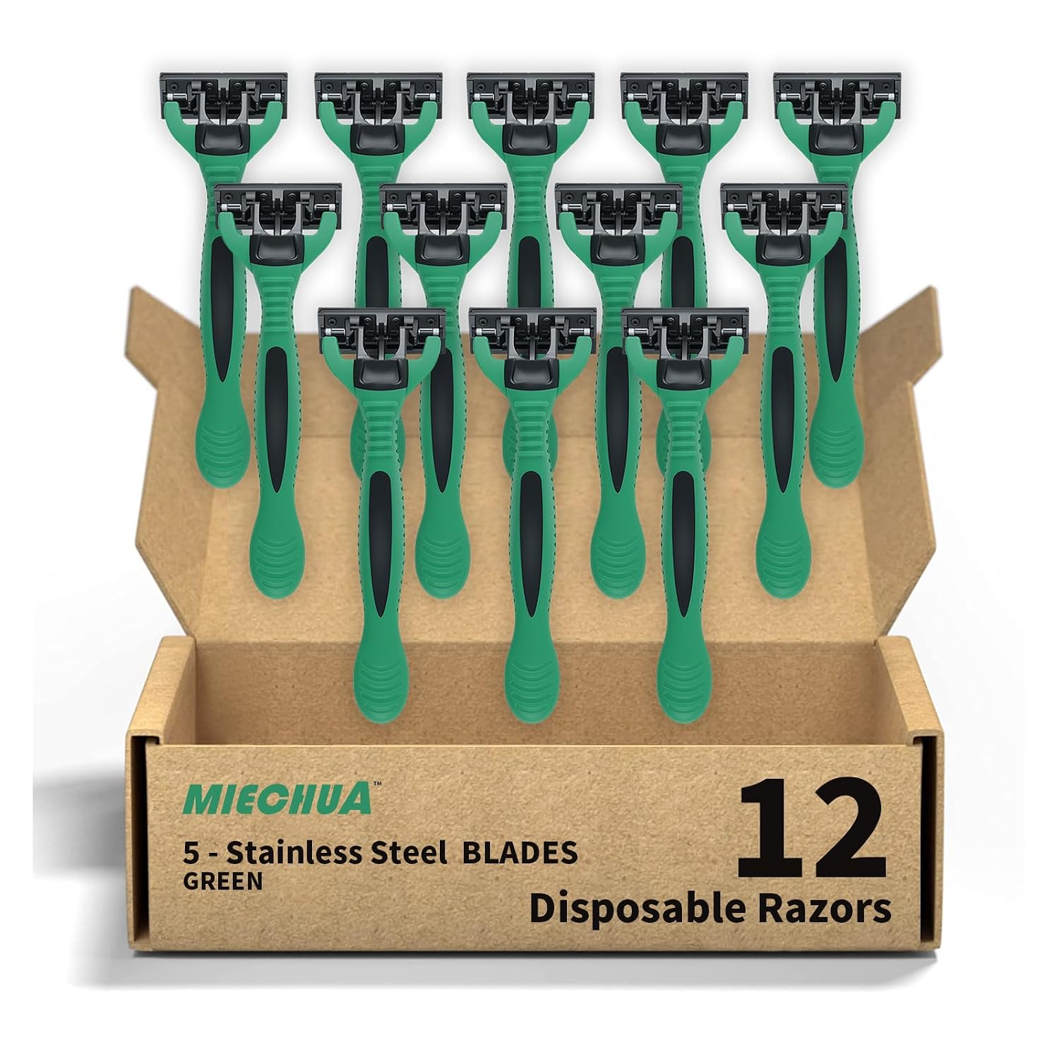 Men's Disposable Razors, 5-Blade Razors with Lubricating Strip and Pivoting Head, | Disposable Mens Razors for Shaving Sensitive Skin 12 count Green