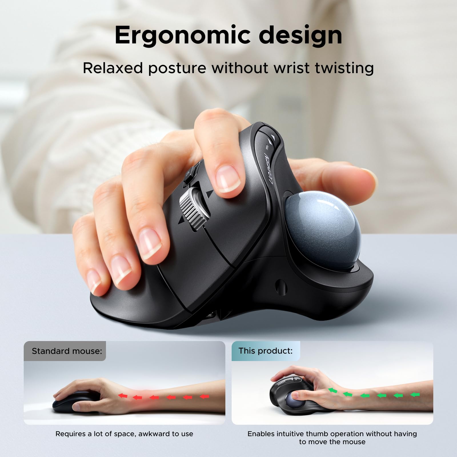 UGREEN Bezprzewodowa mysz z trackballem, ergonomiczna mysz Bluetooth z akumulatorem i sterowaniem palcami, ultraszybkim przewijaniem, 2,4 GHz i podwójnym Bluetooth