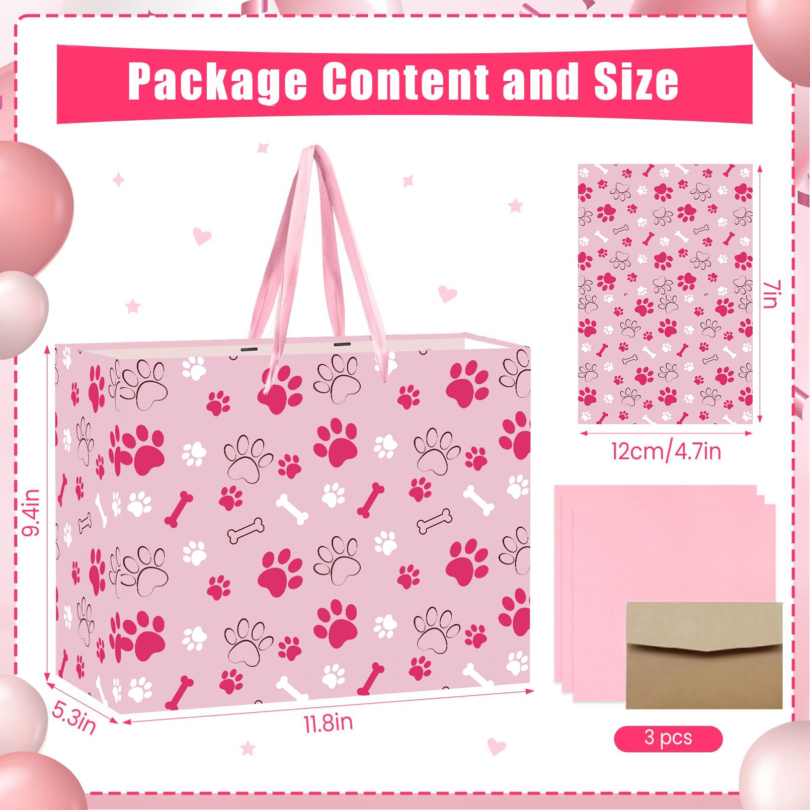 Pink Dog Paw Print Gift Bag Large Dog Birthday Gift Bag Paw Print Wrapping paper with Tissue Paper and & Card for Girl Boy Young Puppy Party Decorations Pet Themed Celebrations Birthday Party