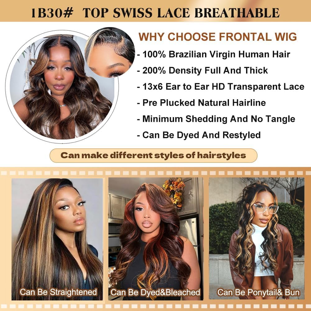200% Density Highlight Ombre Lace Front Wig Human Hair Glueless 13x6 Body Wave HD Transparent 1B/30 Honey Blonde Lace Frontal Wigs Human Hair Pre Plucked With Baby Hair 30 inch