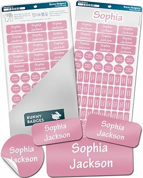 Bunny Badges Personalized Name Labels for Kids 70 Labels - Custom Waterproof Name Stickers for Daycare, Clothing Tags, Water Bottles, Lunch Boxes and School Supplies Pink