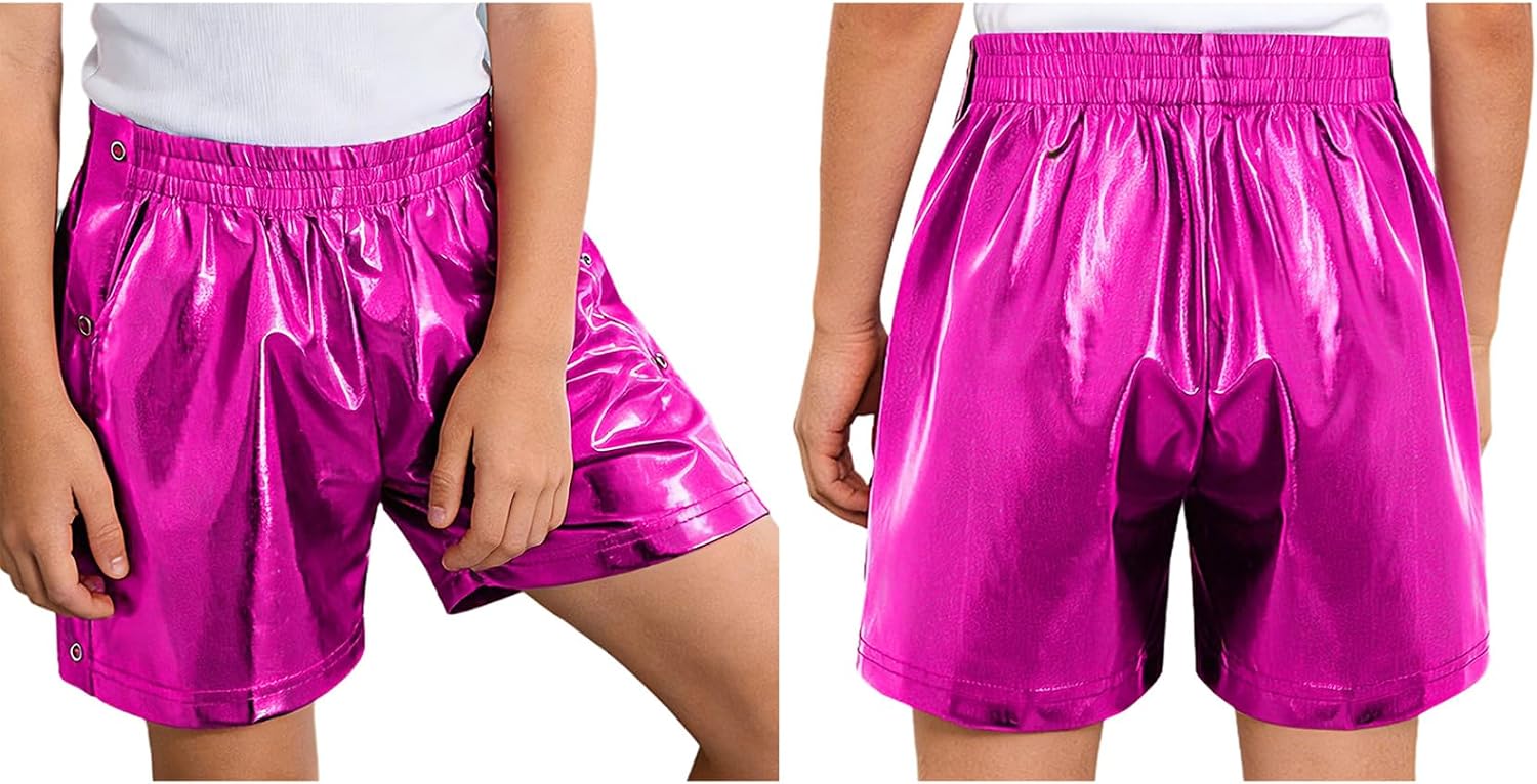 Jugaoge Boys Girls Metallic Shorts Tear Away Side Button Athletic Dance Shorts Hip Hop Jazz Dance Costume