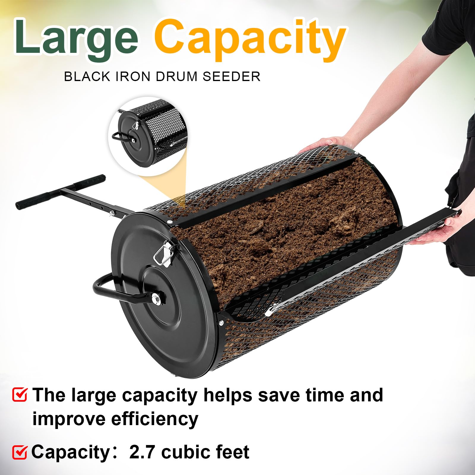 Hiboom Esparcidor de abono de turba para jardín, tierra superior, tierra, esparcidor de gotas de semillas con mango ajustable en forma de T, esparcidor de malla de metal ligero para patio (negro, 15.7