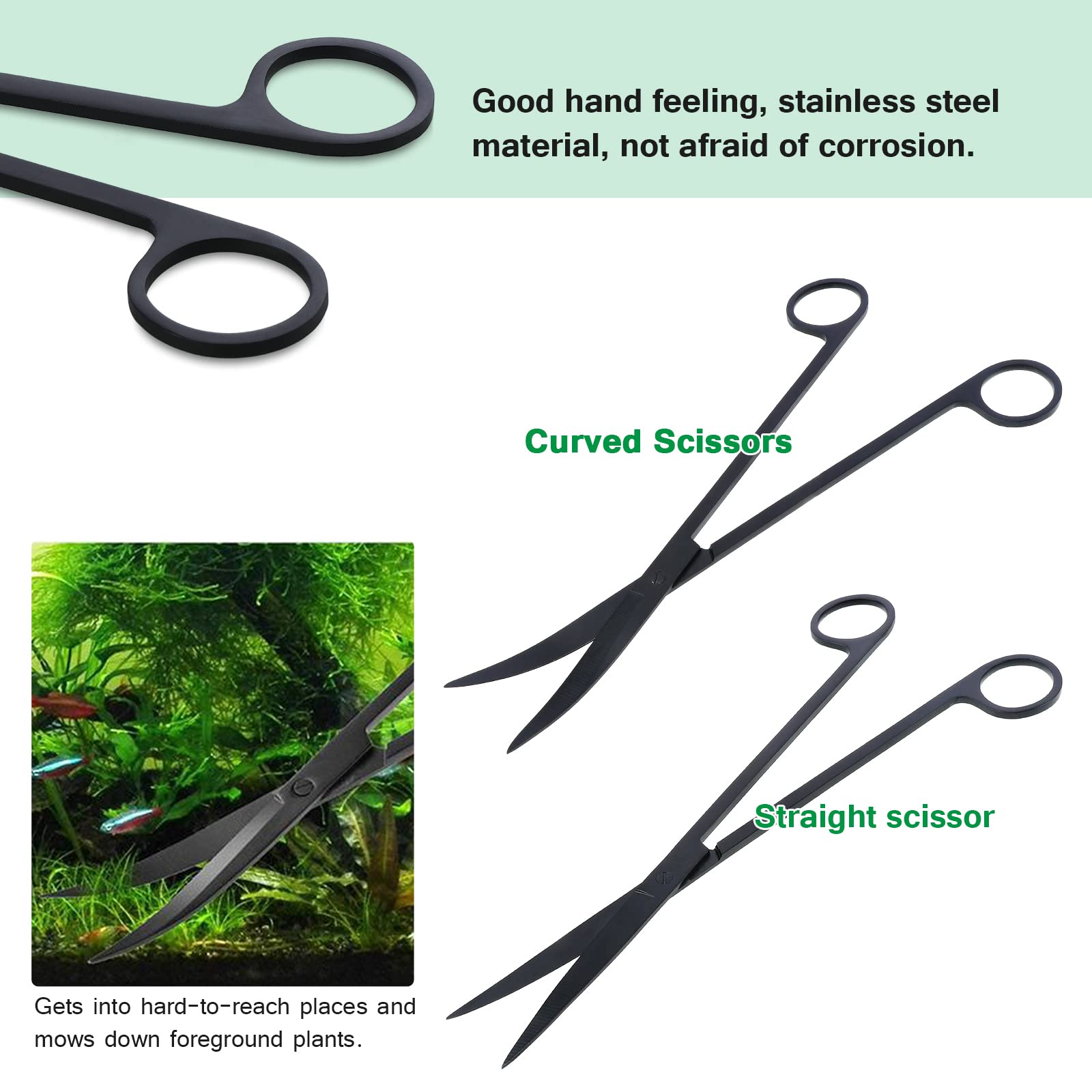 Coolty Kit di strumenti per aquascaping piante acquatiche 7 in 1, pinzetta a forbice in acciaio inox, spatola strumenti per la pulizia dell'acquario, rete da pesca e raschietto per alghe per acquari
