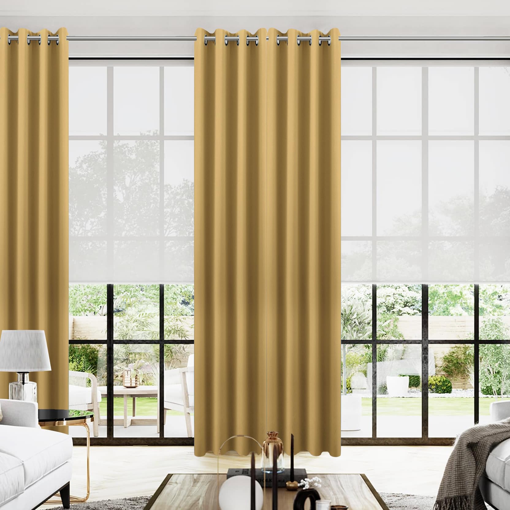 KOUFALL 108 Inch 9FT Room Darkening Curtains, Gold Luxury Grommet Drapes for Living Room Bedroom, 2 Panels Set, 9 FT Length 52'' W x 108'' L Inches, Sun Light Gold