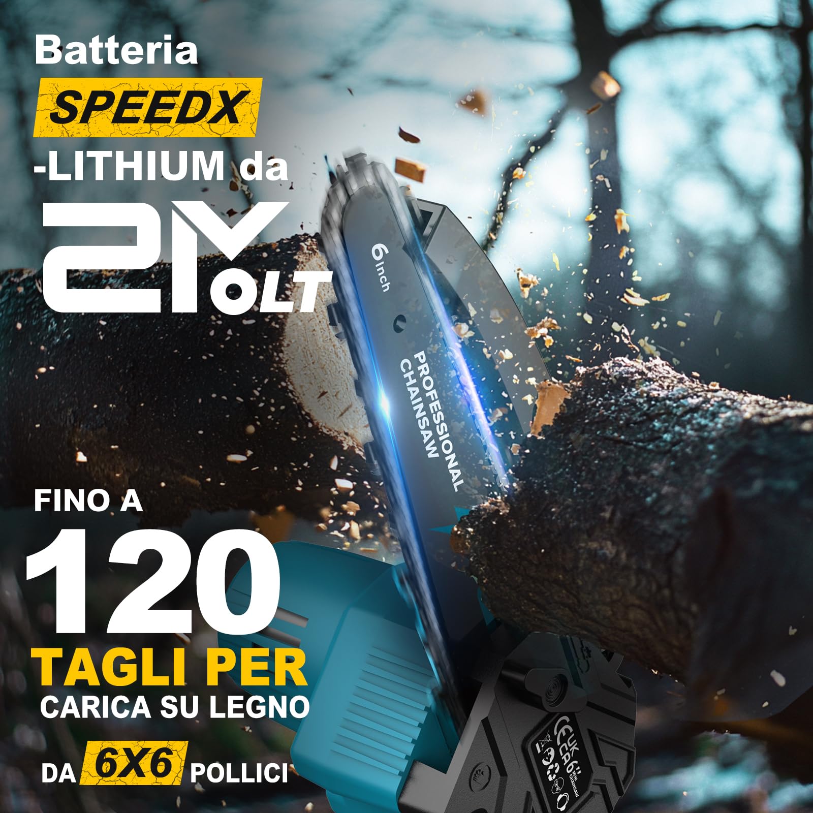 Mini Motosega a Batteria per Potatura con 8000mAh Batterie, 6 Pollici Motosega Elettrica con Pompetta Olio, Sega a Batteria per Potatura per il Taglio del Legno Giardini