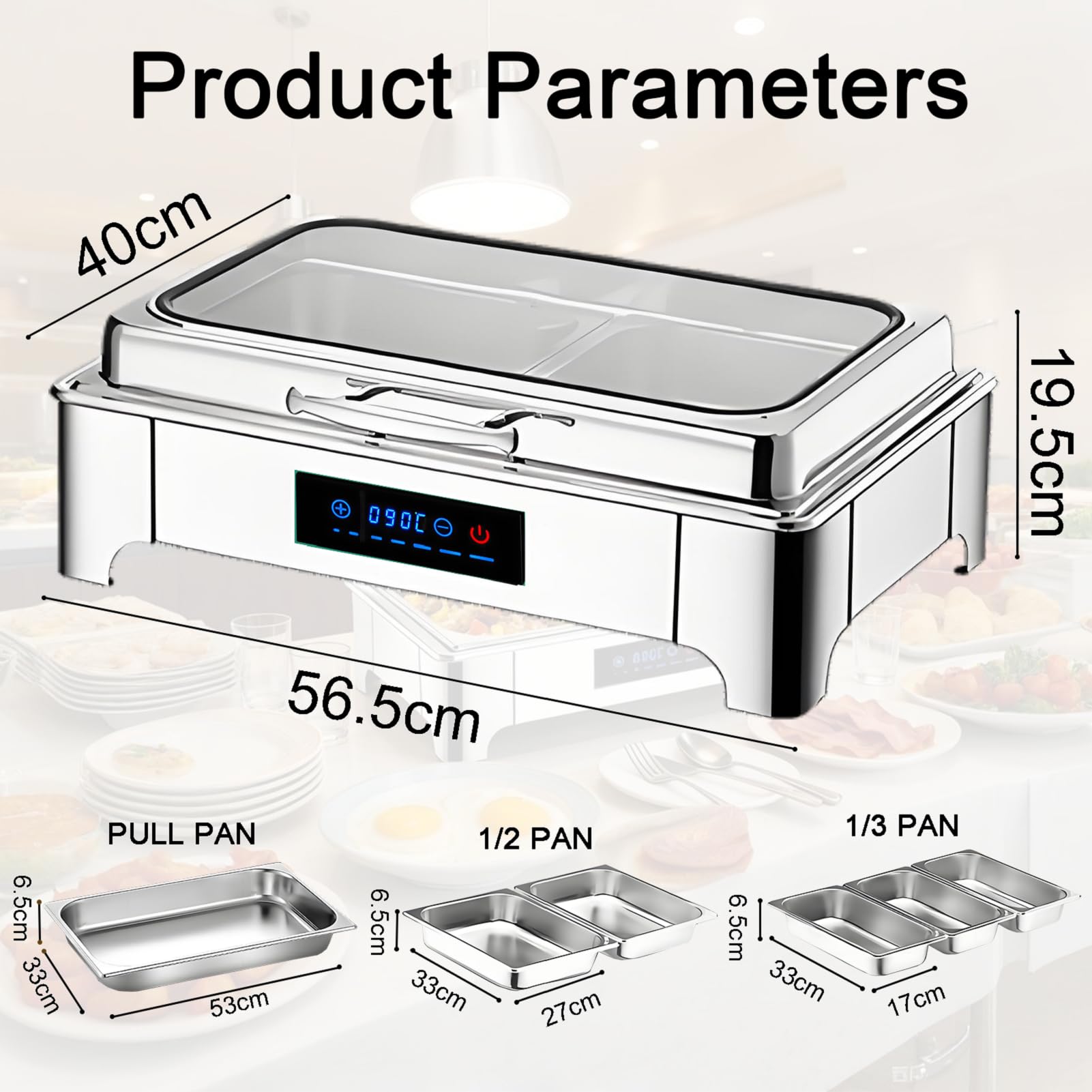 Chafing Dish Buffet Elettrico 9L(1/2 Pan) | Professionale Scaldavivande Buffet Elettrico Acciaio Inox Temperatura Regolabile per Catering Buffet con Coperchio in Vetro