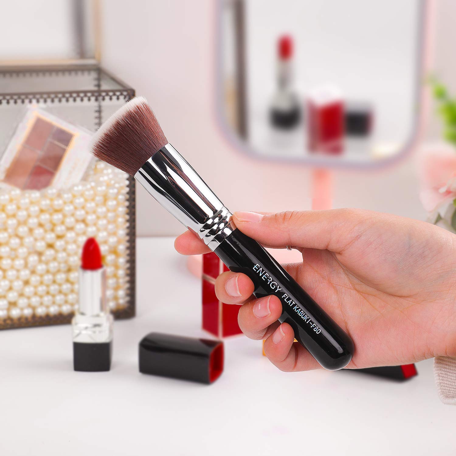 ENERGY Flat Top Kabuki Foundation Brush for Liquid Makeup Premium Makeup Brush For Liquid,Cream,Powder Flawless Blending Buffing Stippling and Face Brush Vegan Synthetic Kabuki Brush F80 : Beauty & Personal Care