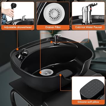 Shampoo Bowl and Chair Set for Salon, Hair Washing Salon Shampoo Chair Hair Washing Station Backwash Barber Sink with Storage Compartment for Beauty Spa Barbershop Black