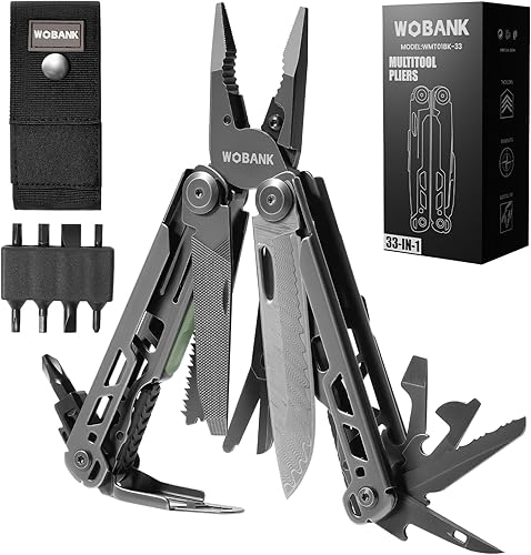 Miniatura 1 de Multiherramienta, alicates multiherramienta de acero inoxidable 33 en 1 con funda para destornillador, cuchillo de bolsillo de damasco, funda de
