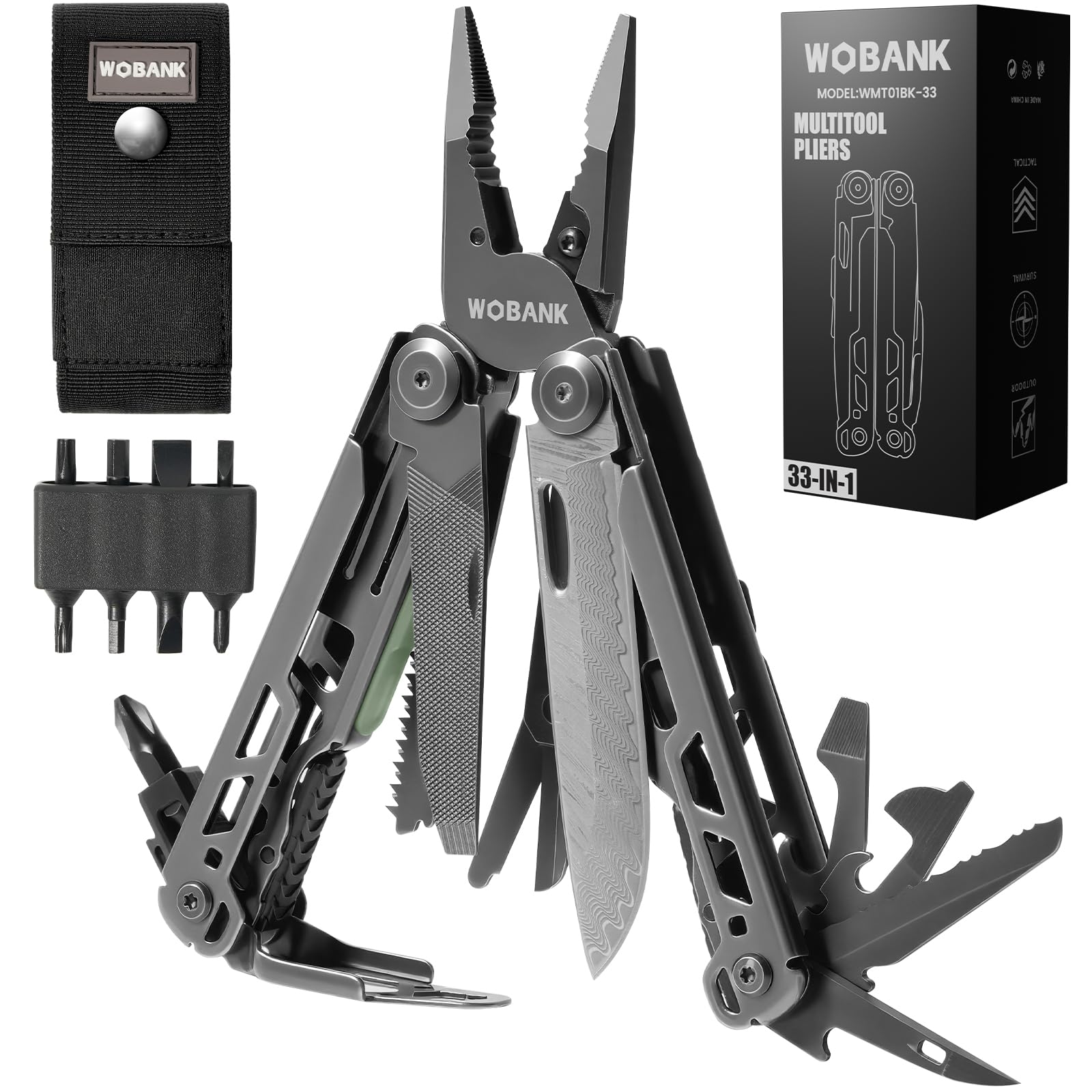 Multitool, 33-in-1 Stainless Steel Multi Tool Pliers with Screwdriver Sleeve, Damascus Pocket Knife, Nylon Sheath for Outdoor, Survival, Camping, Hiking, Simple Repair