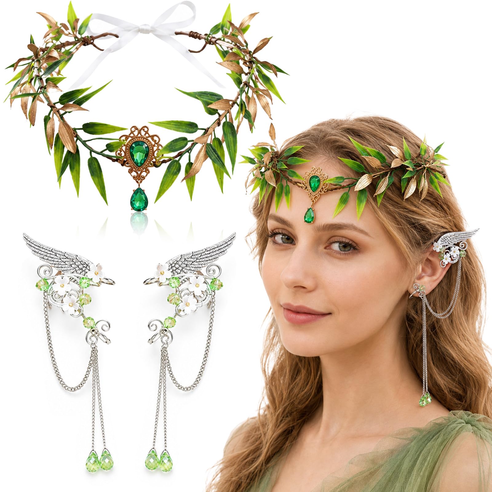 3PCS Halloween Elves Cosplay Set Elf Ears Cuff Fairy Headpiece for Women