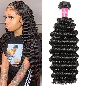 Nadula 7a Wholesale Brazilian Deep Wave Hair Bundles Pack of 1 Unprocessed Remy Virgin Cheap Human Hair Weave Extensions Natural Color (14inch)