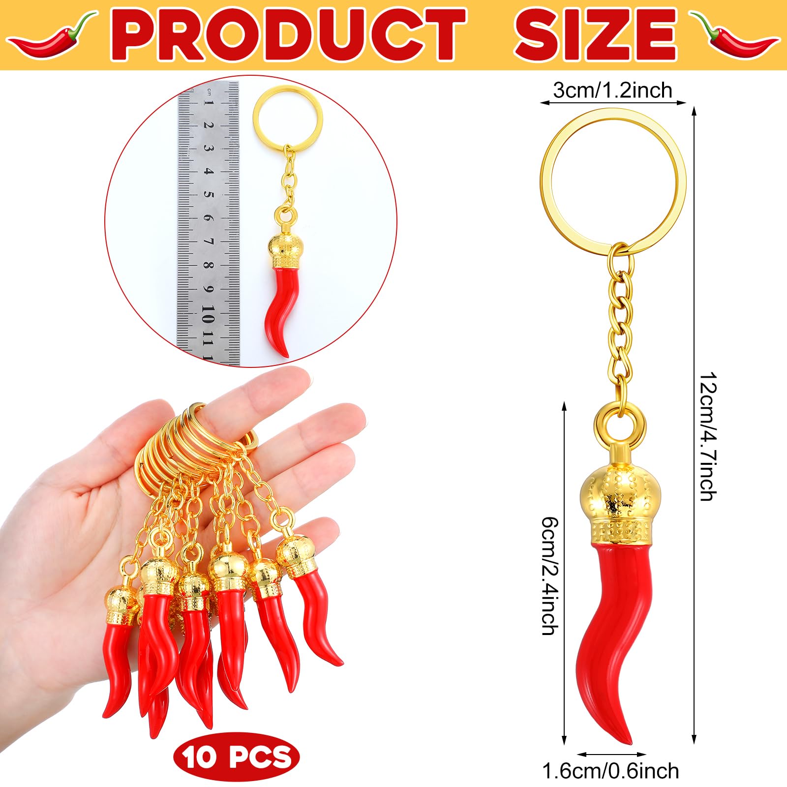 Remuuly 10 Pcs Italian Horn Keychain Italian Red Horn Charm Chili Pepper Keychain Souvenir for Car Mirror Accessories(Gold)