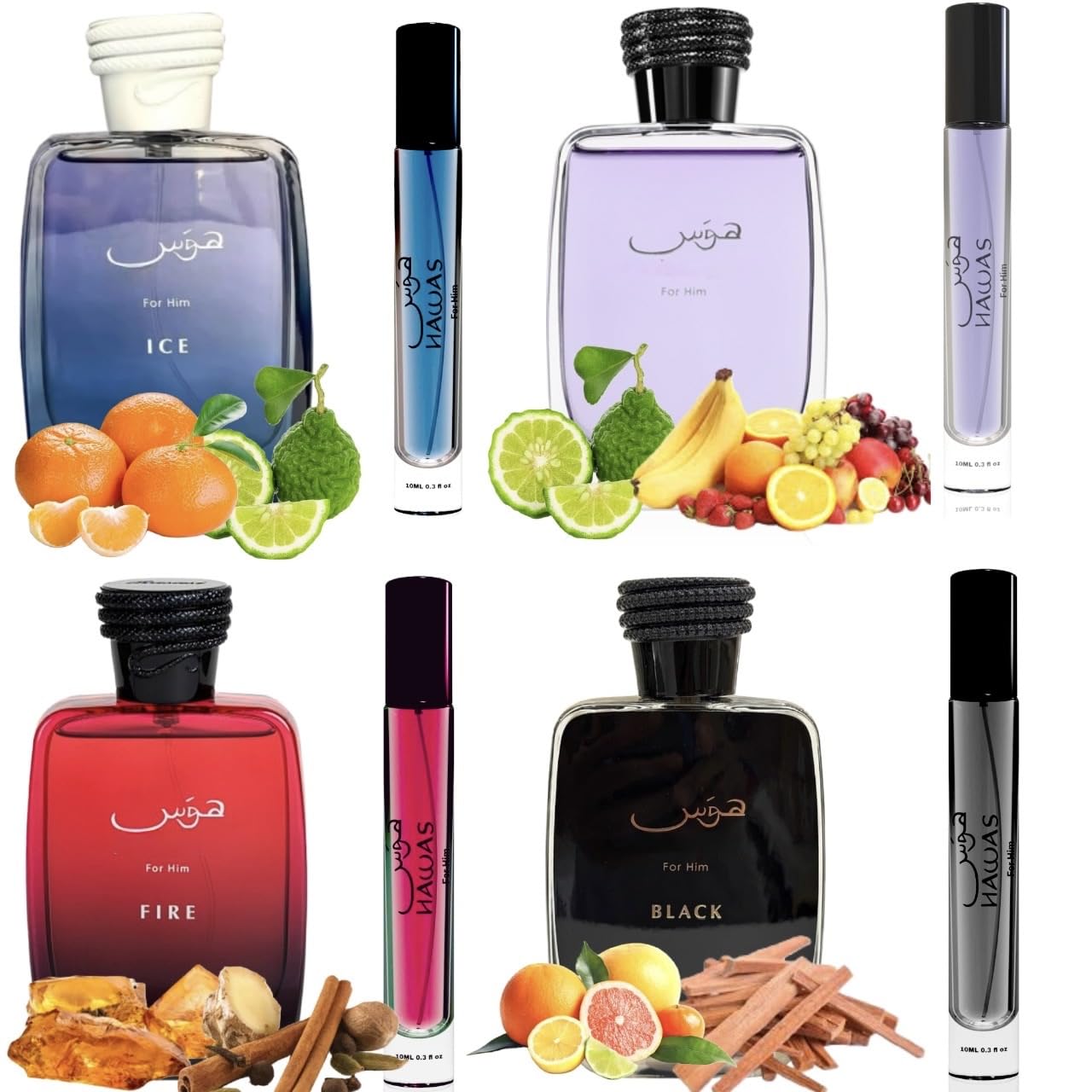 Equivalence HAWAS 4 Pieces Set Eau De Parfum Spray for MEN edition travel Size BUNDLE 0.34 Ounce HAWAS +ICE + FIRE +BLACK, LARGE BOTTLES NOT INCLUDED It is only a reference