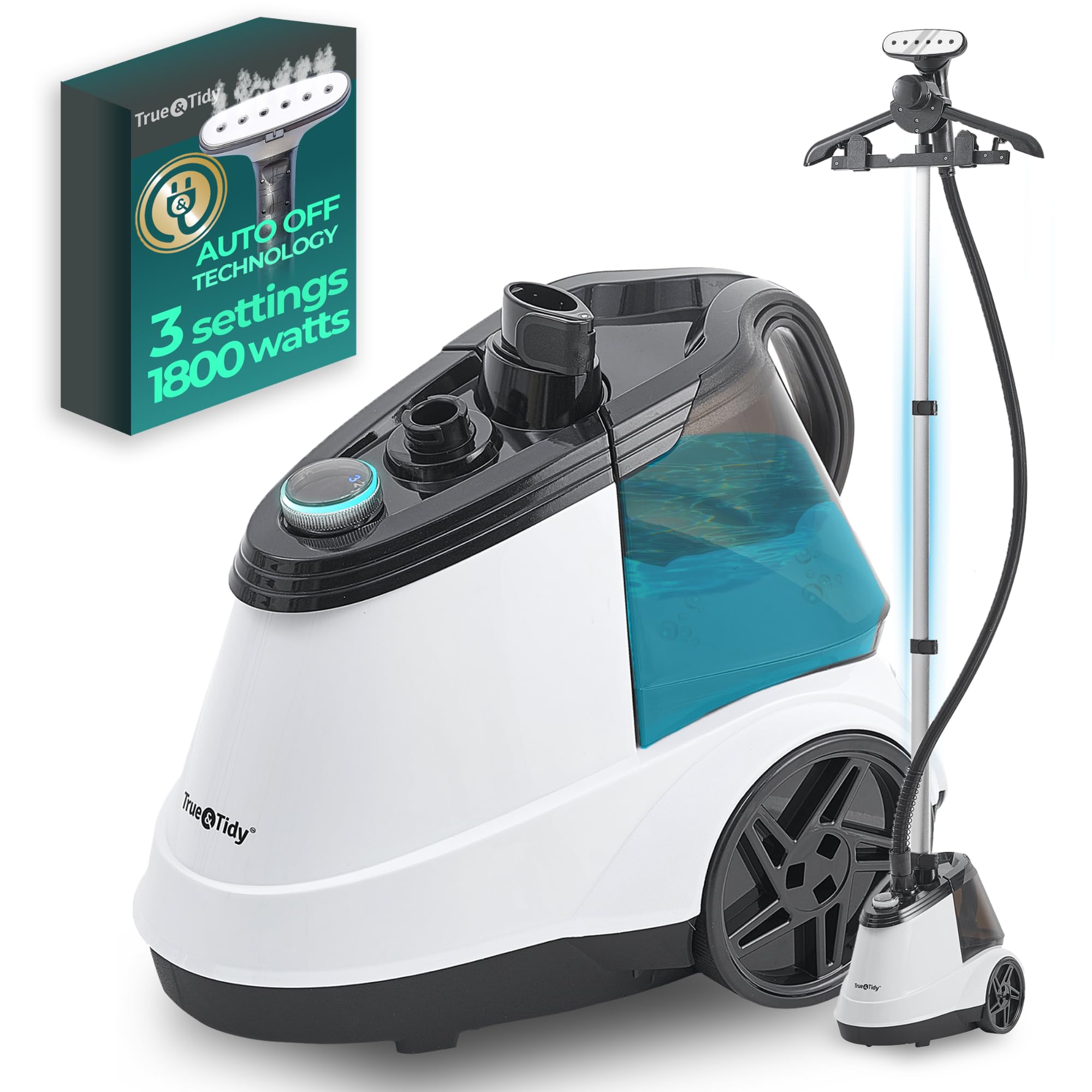 True & Tidy® Commercial Garment Steamer – Heavy Duty 1800W for Home & Commercial Use, 90+ Min Continuous Steam, Large 3L Tank, Wheels, Smart Auto-off Safety