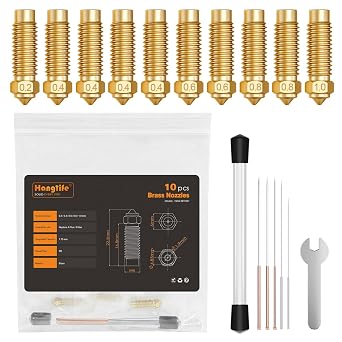 HANGLIFE Nozzles Kit for Elegoo Neptune 4 Plus/Max 3D Printer - 10pcs Brass Nozzles in 5 Sizes 0.2/0.4/0.6/0.8/1.0mm Includes Cleaning Needles and Wrench - 3D Printer Accessories