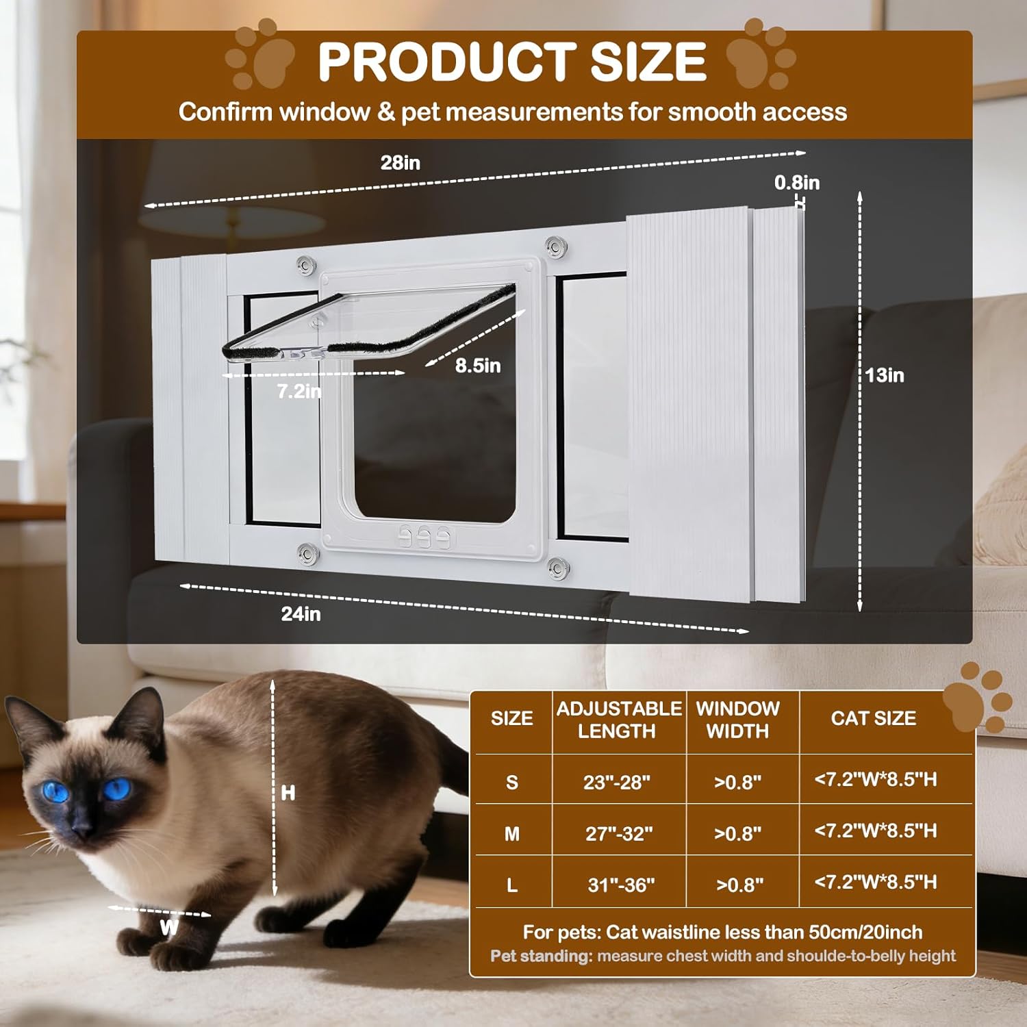 Cat Door for Window, Adjustable 24"-28", Aluminum Frame, 4 Locking Modes, Magnetic Closure, Weatherproof