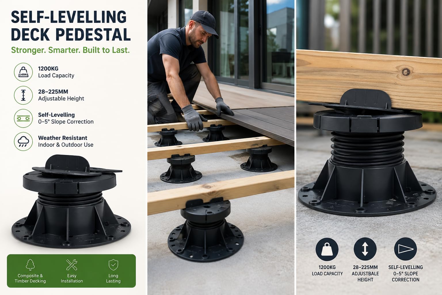 ABS Self-Levelling Heavy Duty Adjustable Decking Pedestal 28–225mm for Composite & Timber Joists Supports 1600kg – Height Adjustable – Pack of 10 (83-134mm)