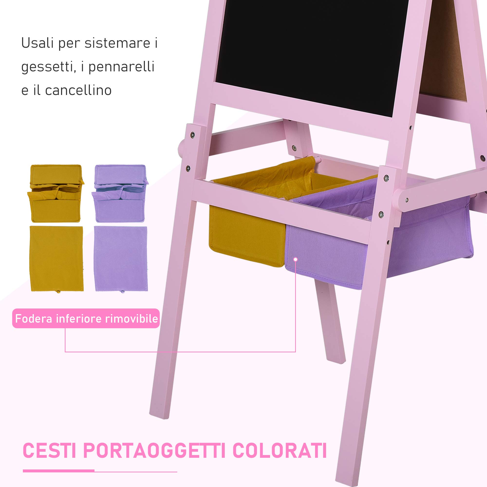 HOMCOM Lavagnetta per Bambini in Legno Rosa con Cavalletto 3 in 1: Lavagna Bianca, Nera e con Rullo Fogli di Carta