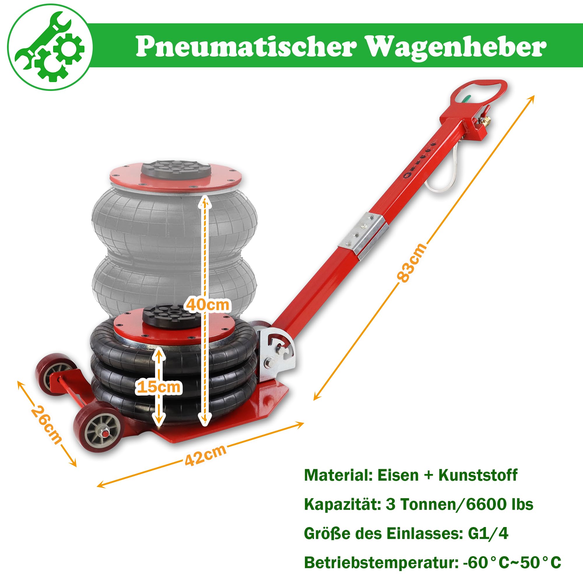 SUBTLETY 3T Pneumatischer Wagenheber Air Jack Luftkissenheber mit 150-400mm Dreifachbeutel Luftheber & Langes Griff 6600 Pfund Hubwagen Luftwagenheber Wagenheberheber für SUV LKW KFZ Automobiles