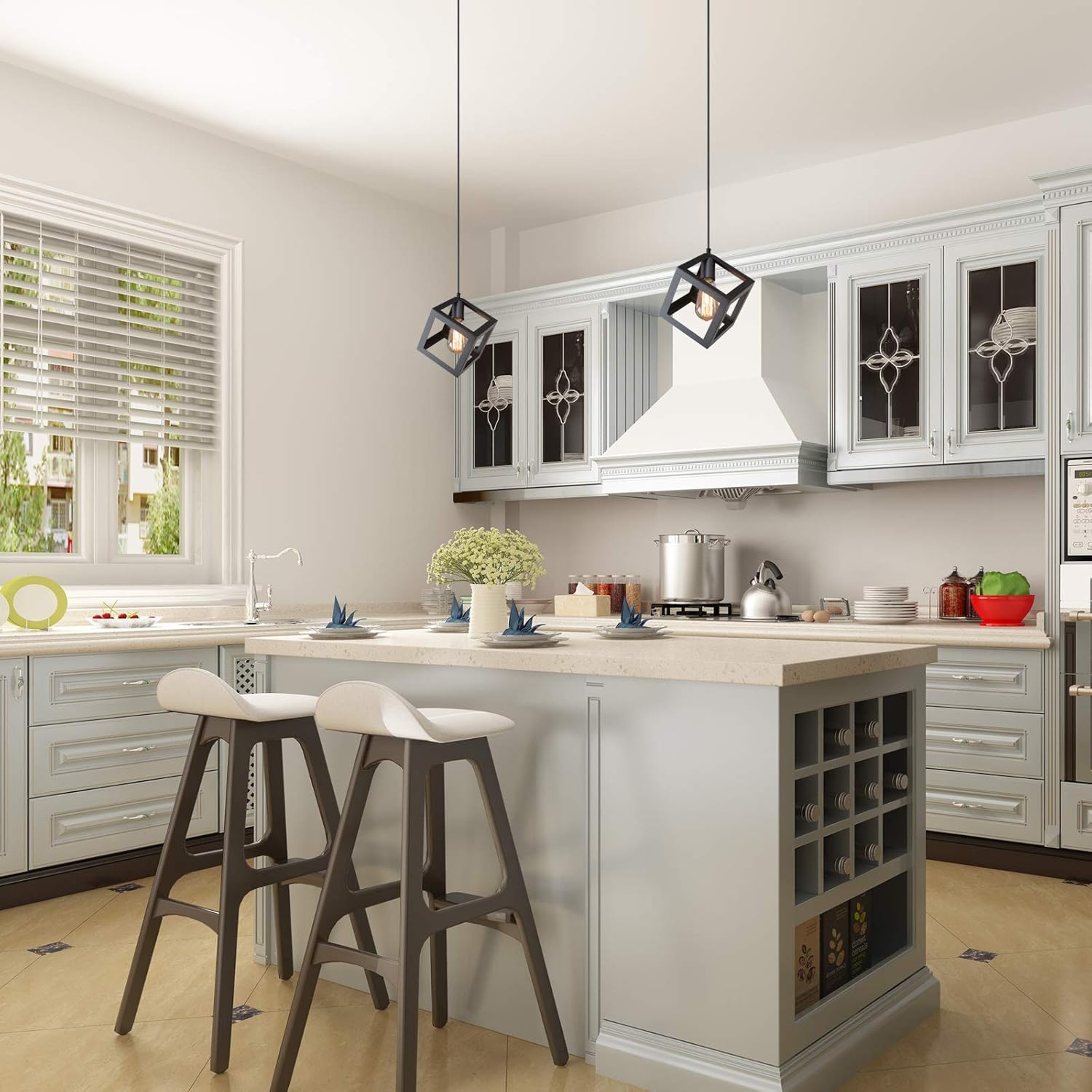 Geometric Cage Pendant Lighting, Modern Industrial Hanging Light Fixture for Kitchen Island, Foyer, Entryway, Dining & Living Room