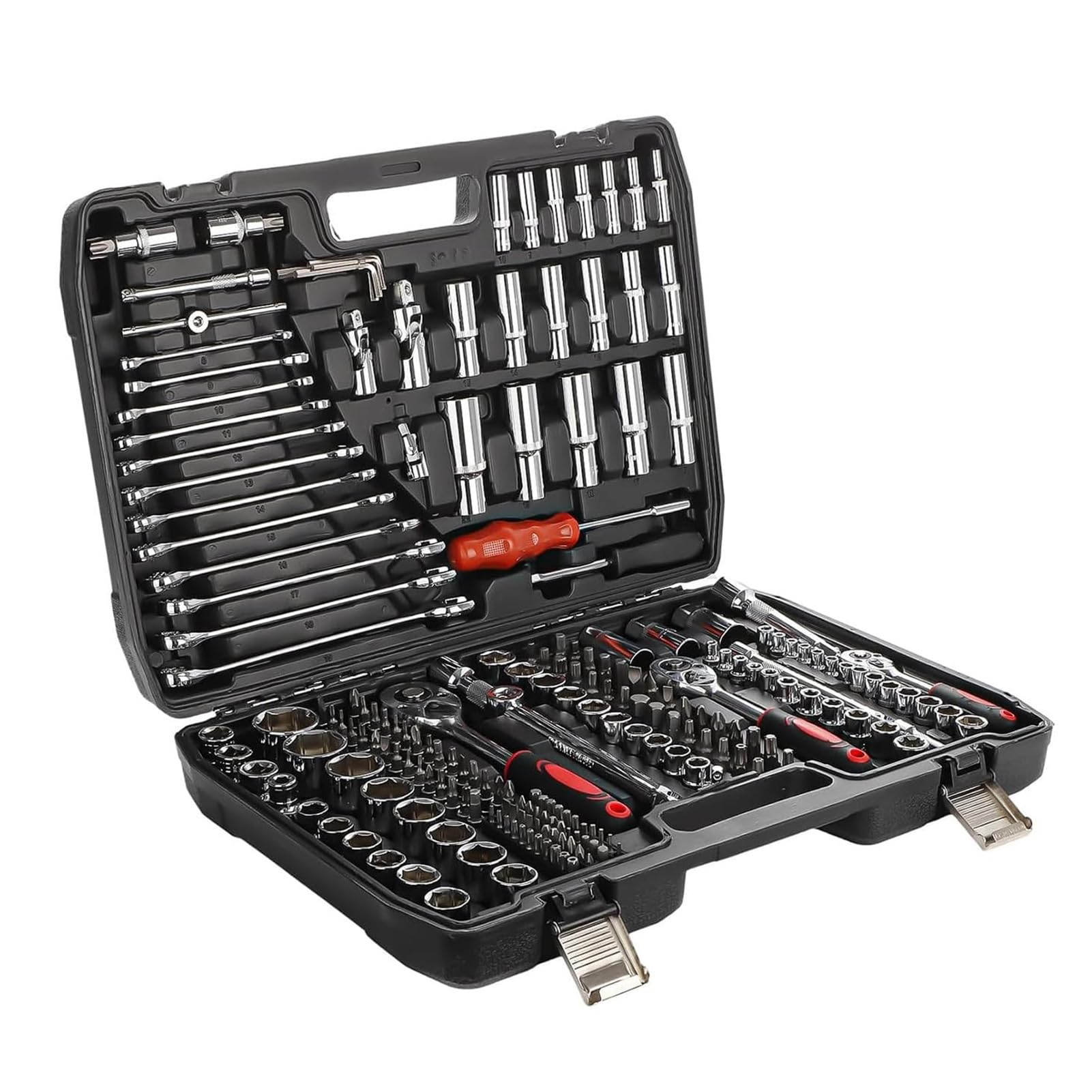 M.J COMFY-LIFE 216-Pieces Socket Set with Ratchet Wrench, Drill Bits, and Hex Keys - Complete Mechanic Tool Kit with 1/2", 1/4", and 3/8" Drive Sizes