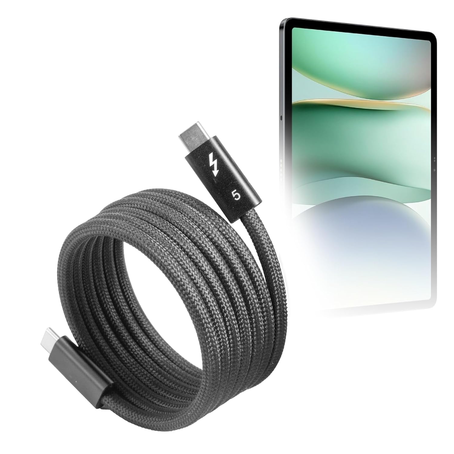 BoxWave Cable Compatible with Blackview Mega 12 - SnapWrap Thunderbolt 5.0 Cable (5ft 240W), Magnetic Self-Coiling Nylon Braided Retractable - Jet Black