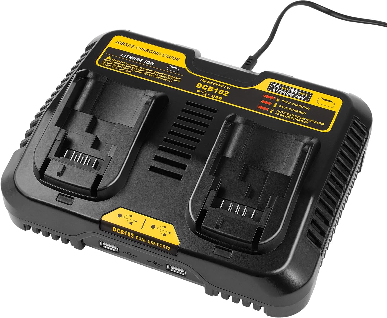 Battery Charger Compatible with 12V-20V MAX Li-ion Battery, 3.0A Dual Port Fast Charger Compatible with DCB Series Tools Lithium Battery 18V, with double 2.1A USB Ports