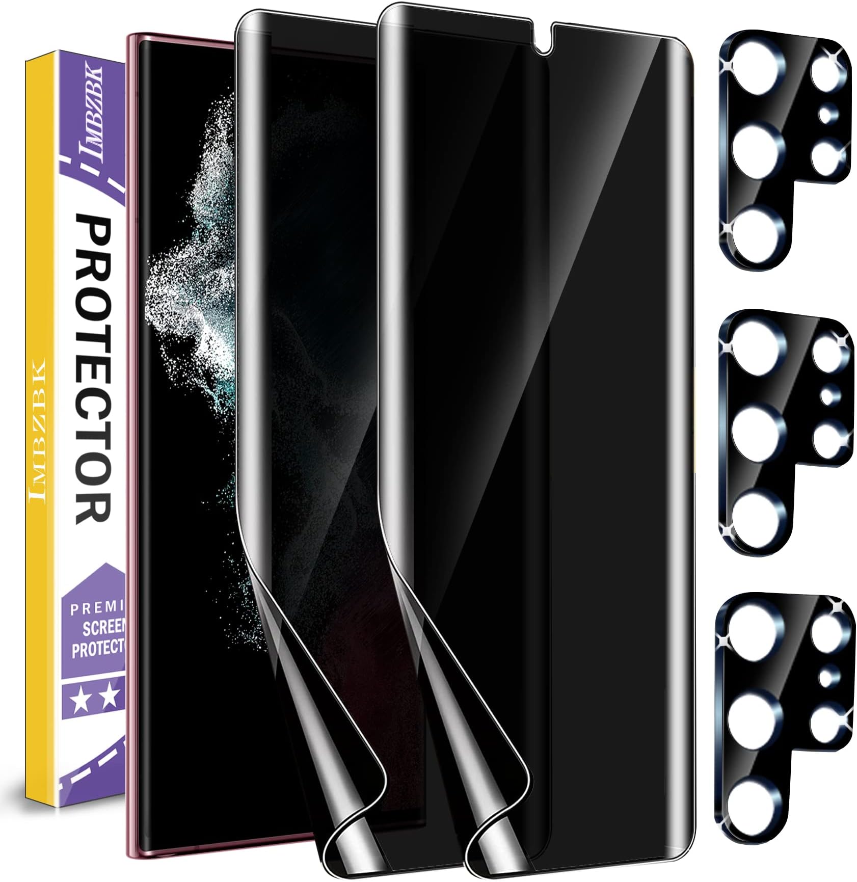 IMBZBK [2+3 Pack Privacy Screen Protector for Samsung Galaxy S22 Ultra 5G [Not Glass], 2 Pack Anti-Spy Flexible TPU Film With 3 Pack Tempered Glass Camera Lens Protector, Case Friendly