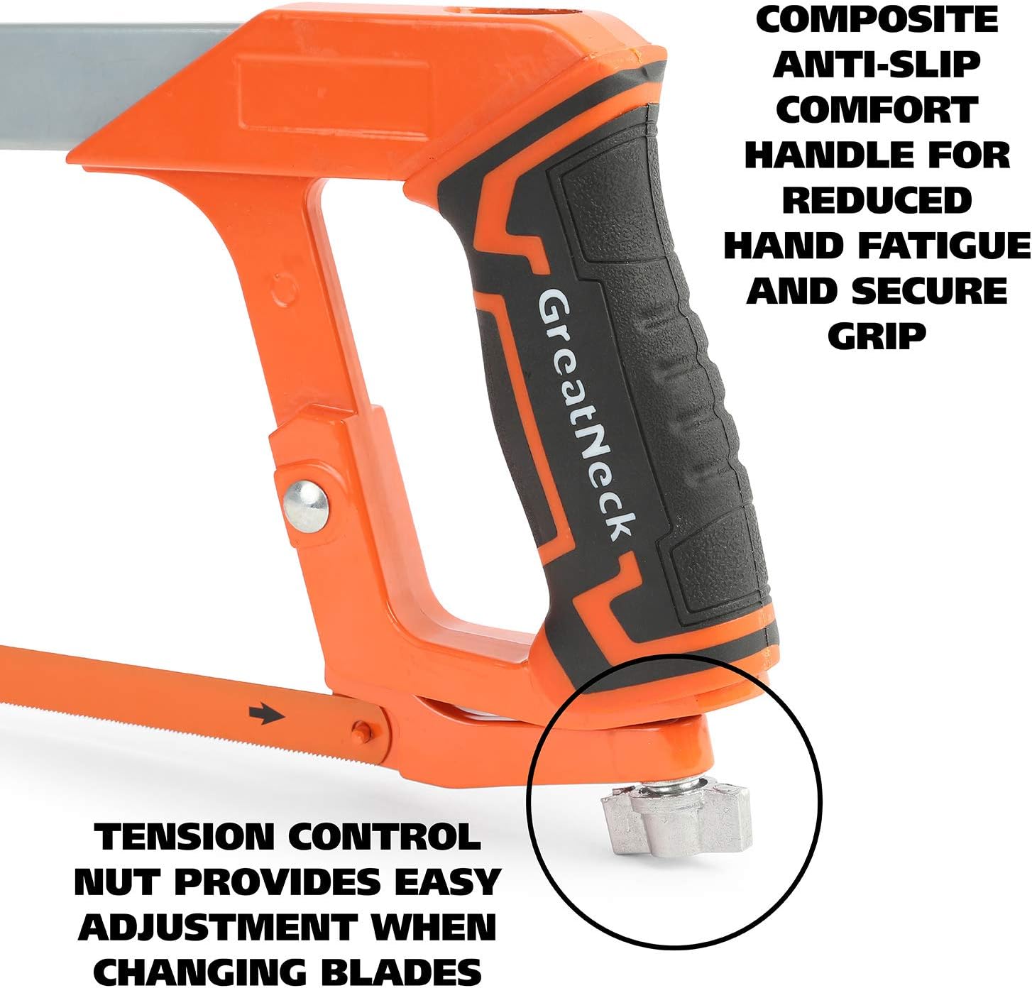 Great Neck 74006 12 Inch High Tension Hacksaw, TPI Bi-Material Blade, High Tension Tool, Adjustable-Angle Design, 90-Degree Straight Cut and 45-Degree Flush Cut