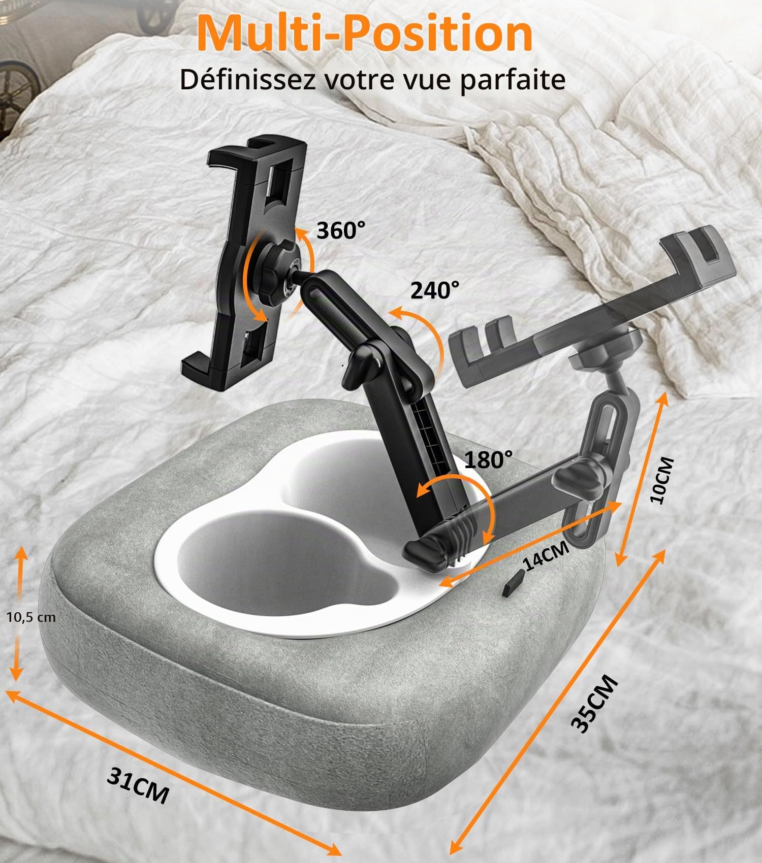 Support Tablette Coussin [Tissu Doux et Confortable] Réglable 360° Support Oreiller Tablette pour Lit, Genoux, Bureau, pour iPad, Galaxy Tab, Kindle, Fire, Tablettes et Téléphones de 4-13", Gris