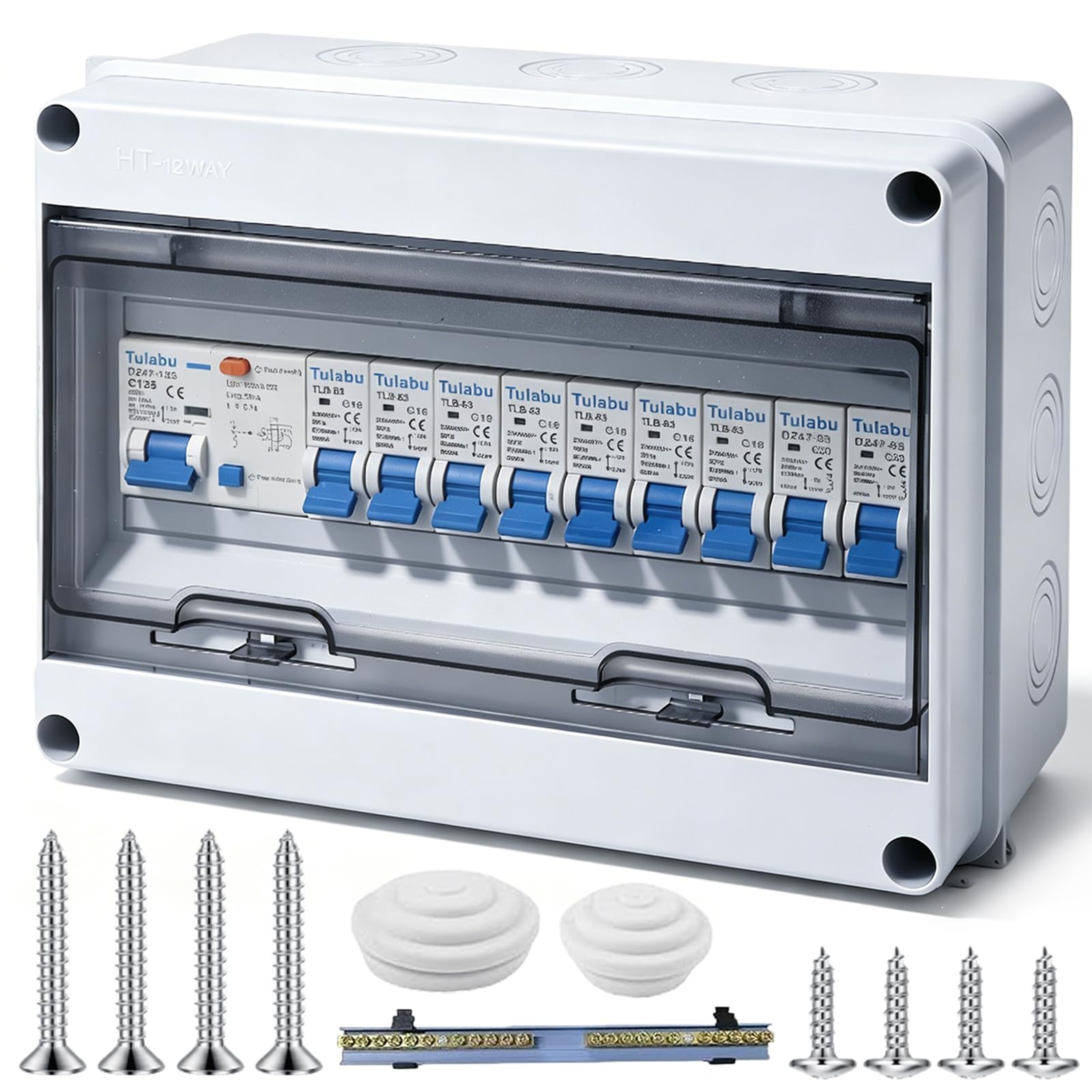 Sicherungskasten Aufputz IP65 mit Schutzschalter, Verteilerkasten mit Fi Schutzschalter, Unterverteilung Aufputz, Verteiler Kleinverteiler,Leistungsschalter 125A, AC Trennschalter 7x16A+2x20A