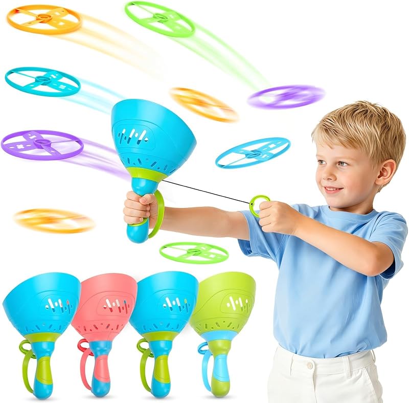 Outdoor Toys for Kids Ages 4-8, 4 Pack Flying Disc Launcher Toy | Outside Fun, Active Play, Family Fun, Screen-Free Play, Improves Coordination, Safe Durable, Great Gift for kids